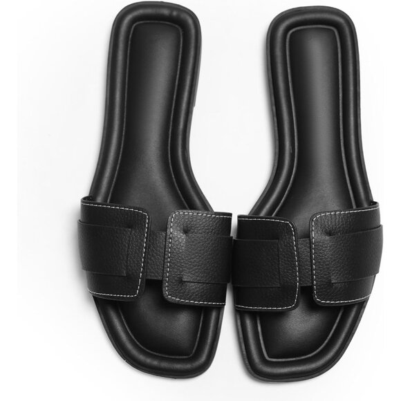 Womens Black Faux Leather Open toe Breathable lightweight Flat Slide Sandals - Picture 3 of 9